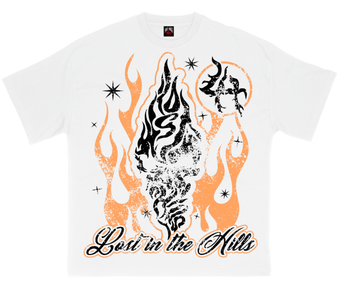 Lost Hills Flaming Orange Skull White Tee