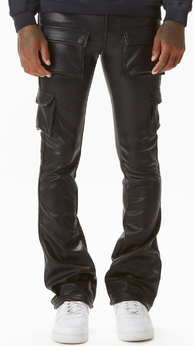 Rockstar Birch Black Faux Leather Stacked Flare Jean